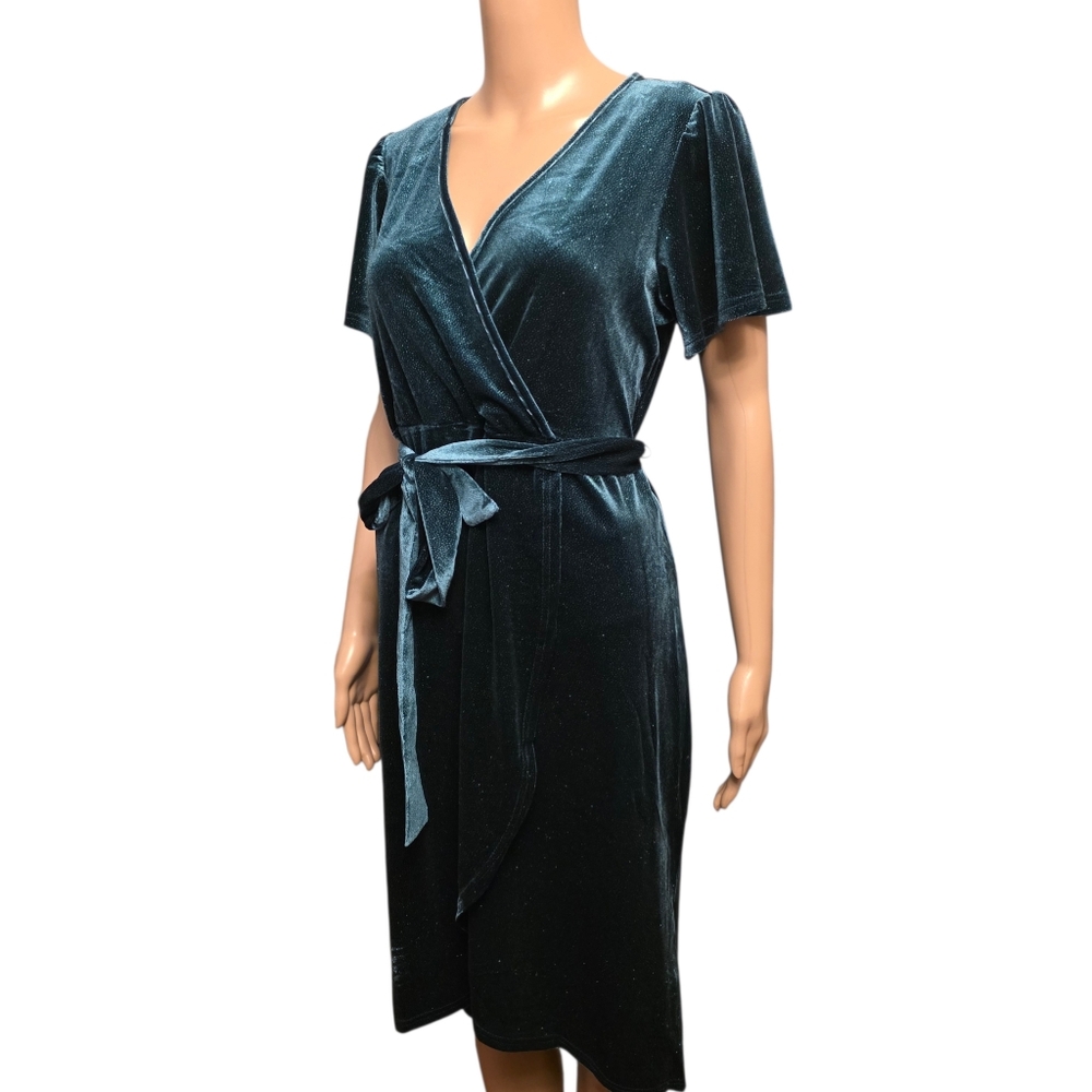 Badgley Mischka Elegant Sparkling Emeral Green Velvet Wrap Dress Size PM
